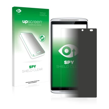 Vorderseite einer Produktverpackung mit dem Markenlogo upscreen. Daneben ist das Gerät Lenovo Vibe X3 (NUR Kamera rechts) mit 