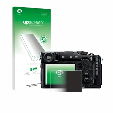 Vorderseite einer Produktverpackung mit dem Markenlogo upscreen. Daneben ist das Gerät Fujifilm X-Pro2 mit dem zugehörigen Dis