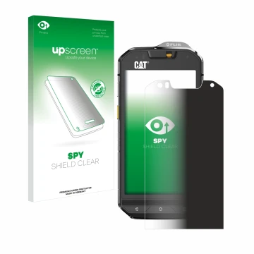 Vorderseite einer Produktverpackung mit dem Markenlogo upscreen. Daneben ist das Gerät Caterpillar Cat S60 mit dem zugehörigen