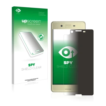 Vorderseite einer Produktverpackung mit dem Markenlogo upscreen. Daneben ist das Gerät Sony Xperia X mit dem zugehörigen Displ