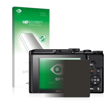 Vorderseite einer Produktverpackung mit dem Markenlogo upscreen. Daneben ist das Gerät Nikon Coolpix A900 mit dem zugehörigen 