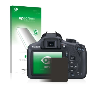 Vorderseite einer Produktverpackung mit dem Markenlogo upscreen. Daneben ist das Gerät Canon EOS 1300D mit dem zugehörigen Dis