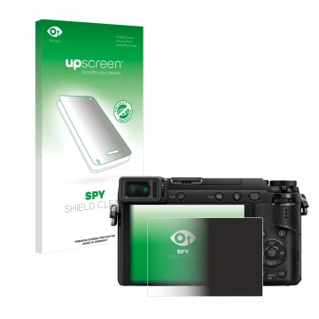 Vorderseite einer Produktverpackung mit dem Markenlogo upscreen. Daneben ist das Gerät Panasonic Lumix DMC-GX80 mit dem zugehö