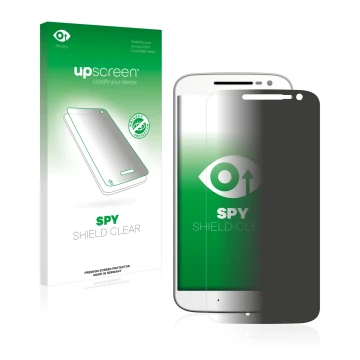 Vorderseite einer Produktverpackung mit dem Markenlogo upscreen. Daneben ist das Gerät Motorola Moto G4 mit dem zugehörigen Di