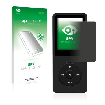 Vorderseite einer Produktverpackung mit dem Markenlogo upscreen. Daneben ist das Gerät AGPtek 8GB MP3-Player mit dem zugehörig