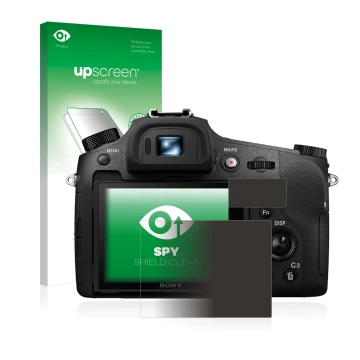 Vorderseite einer Produktverpackung mit dem Markenlogo upscreen. Daneben ist das Gerät Sony Cyber-Shot DSC-RX10 III mit dem zu