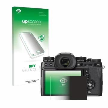 Vorderseite einer Produktverpackung mit dem Markenlogo upscreen. Daneben ist das Gerät Fujifilm X-T2 mit dem zugehörigen Displ