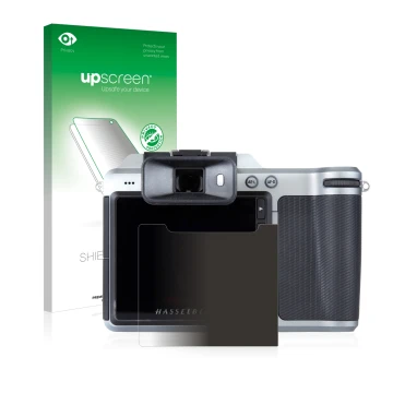 Vorderseite einer Produktverpackung mit dem Markenlogo upscreen. Daneben ist das Gerät Hasselblad X1D-50c mit dem zugehörigen 