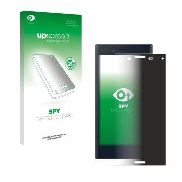Vorderseite einer Produktverpackung mit dem Markenlogo upscreen. Daneben ist das Gerät Sony Xperia X Compact mit dem zugehörig