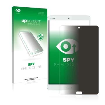 Vorderseite einer Produktverpackung mit dem Markenlogo upscreen. Daneben ist das Gerät Huawei MediaPad M3 8.4 mit dem zugehöri
