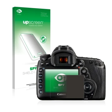 Vorderseite einer Produktverpackung mit dem Markenlogo upscreen. Daneben ist das Gerät Canon EOS 5D Mark IV mit dem zugehörige