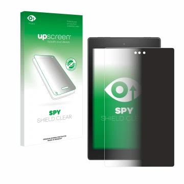 Vorderseite einer Produktverpackung mit dem Markenlogo upscreen. Daneben ist das Gerät Amazon Fire HD 8 2017 mit dem zugehörig