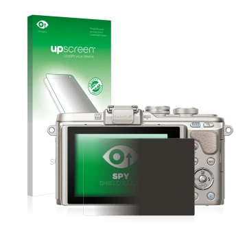Vorderseite einer Produktverpackung mit dem Markenlogo upscreen. Daneben ist das Gerät Olympus PEN E-PL8 mit dem zugehörigen D