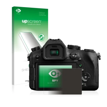 Vorderseite einer Produktverpackung mit dem Markenlogo upscreen. Daneben ist das Gerät Panasonic Lumix DMC-FZ2000 mit dem zuge