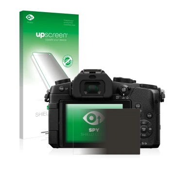 Vorderseite einer Produktverpackung mit dem Markenlogo upscreen. Daneben ist das Gerät Panasonic Lumix DMC-G81 mit dem zugehör