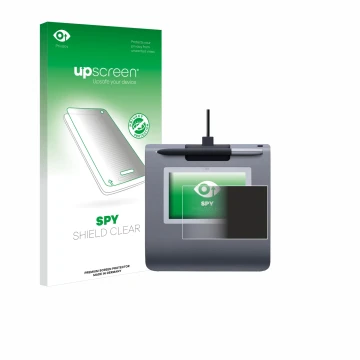 Vorderseite einer Produktverpackung mit dem Markenlogo upscreen. Daneben ist das Gerät Wacom STU-430 mit dem zugehörigen Displ