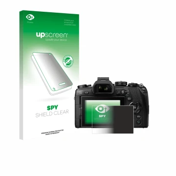 Vorderseite einer Produktverpackung mit dem Markenlogo upscreen. Daneben ist das Gerät Olympus OM-D E-M1 Mark II mit dem zugeh
