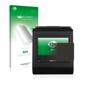 Vorderseite einer Produktverpackung mit dem Markenlogo upscreen. Daneben ist das Gerät Signotec Signature Pad Gamma mit dem zu