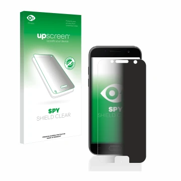 Vorderseite einer Produktverpackung mit dem Markenlogo upscreen. Daneben ist das Gerät Samsung Galaxy A3 2017 mit dem zugehöri