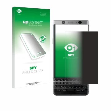 Vorderseite einer Produktverpackung mit dem Markenlogo upscreen. Daneben ist das Gerät BlackBerry Keyone mit dem zugehörigen D