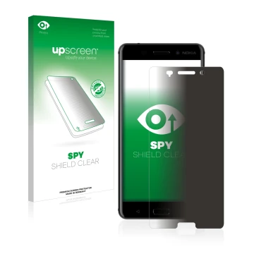 Vorderseite einer Produktverpackung mit dem Markenlogo upscreen. Daneben ist das Gerät Nokia 6 2017 mit dem zugehörigen Displa