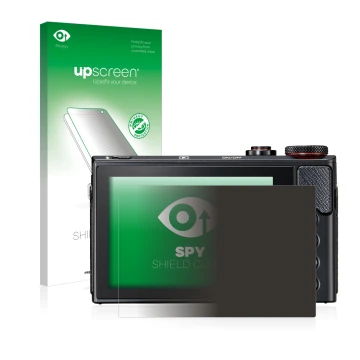 Vorderseite einer Produktverpackung mit dem Markenlogo upscreen. Daneben ist das Gerät Canon PowerShot G9 X Mark II mit dem zu
