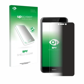 Vorderseite einer Produktverpackung mit dem Markenlogo upscreen. Daneben ist das Gerät Huawei P8 Lite 2017 mit dem zugehörigen