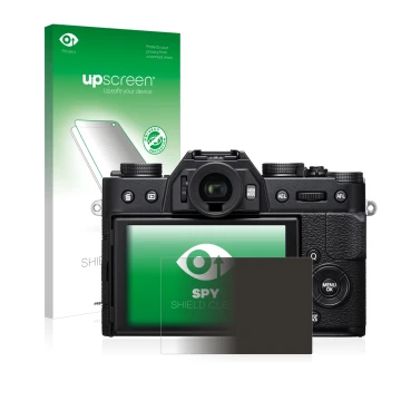 Vorderseite einer Produktverpackung mit dem Markenlogo upscreen. Daneben ist das Gerät Fujifilm X-T20 mit dem zugehörigen Disp