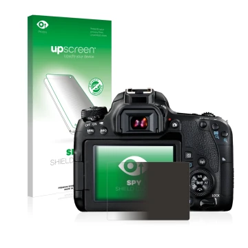 Vorderseite einer Produktverpackung mit dem Markenlogo upscreen. Daneben ist das Gerät Canon EOS 77D mit dem zugehörigen Displ