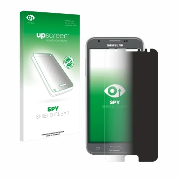 Vorderseite einer Produktverpackung mit dem Markenlogo upscreen. Daneben ist das Gerät Samsung Galaxy J3 2017 mit dem zugehöri