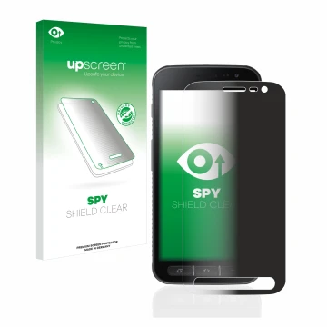Vorderseite einer Produktverpackung mit dem Markenlogo upscreen. Daneben ist das Gerät Samsung Galaxy XCover 4 mit dem zugehör