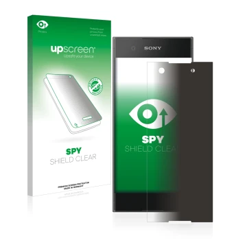 Vorderseite einer Produktverpackung mit dem Markenlogo upscreen. Daneben ist das Gerät Sony Xperia XA1 mit dem zugehörigen Dis