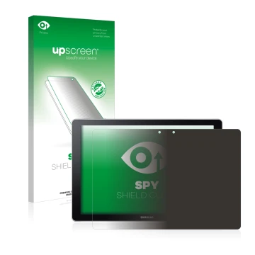 Vorderseite einer Produktverpackung mit dem Markenlogo upscreen. Daneben ist das Gerät Samsung Galaxy Book 12 mit dem zugehöri