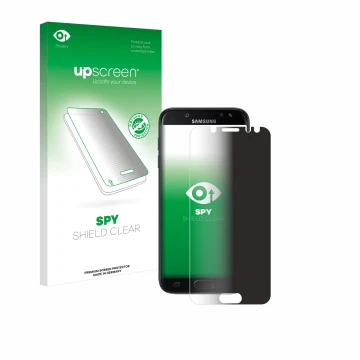 Vorderseite einer Produktverpackung mit dem Markenlogo upscreen. Daneben ist das Gerät Samsung Galaxy J5 2017 mit dem zugehöri