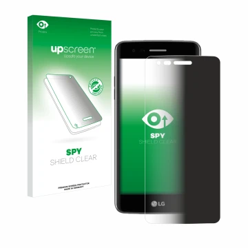 Vorderseite einer Produktverpackung mit dem Markenlogo upscreen. Daneben ist das Gerät LG K8 2017 mit dem zugehörigen Displays