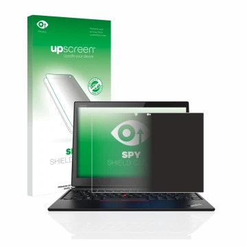 Vorderseite einer Produktverpackung mit dem Markenlogo upscreen. Daneben ist das Gerät Lenovo ThinkPad X1 Yoga (1. Gen.) mit d