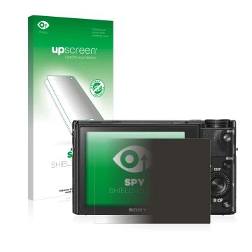 Vorderseite einer Produktverpackung mit dem Markenlogo upscreen. Daneben ist das Gerät Sony Cyber-Shot DSC-RX100 V mit dem zug