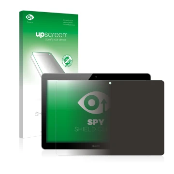 Vorderseite einer Produktverpackung mit dem Markenlogo upscreen. Daneben ist das Gerät Huawei MediaPad T3 10 mit dem zugehörig