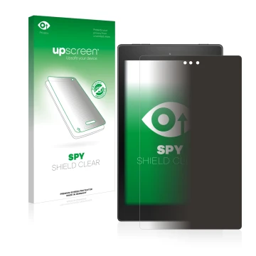 Vorderseite einer Produktverpackung mit dem Markenlogo upscreen. Daneben ist das Gerät Amazon Fire HD 8 2018 (8. Gen.) mit dem