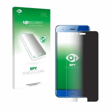 Vorderseite einer Produktverpackung mit dem Markenlogo upscreen. Daneben ist das Gerät Honor 9 mit dem zugehörigen Displayschu