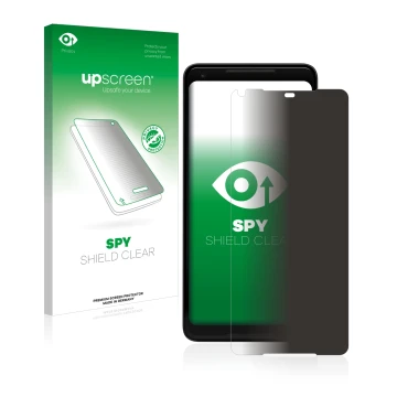 Vorderseite einer Produktverpackung mit dem Markenlogo upscreen. Daneben ist das Gerät Google Pixel 2 XL mit dem zugehörigen D