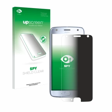 Vorderseite einer Produktverpackung mit dem Markenlogo upscreen. Daneben ist das Gerät Motorola Moto X4 mit dem zugehörigen Di