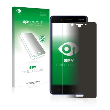 Vorderseite einer Produktverpackung mit dem Markenlogo upscreen. Daneben ist das Gerät Nokia 8 mit dem zugehörigen Displayschu