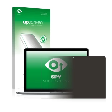 Vorderseite einer Produktverpackung mit dem Markenlogo upscreen. Daneben ist das Gerät Apple MacBook Pro 13