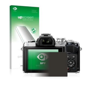 Vorderseite einer Produktverpackung mit dem Markenlogo upscreen. Daneben ist das Gerät Olympus OM-D E-M10 Mark III mit dem zug