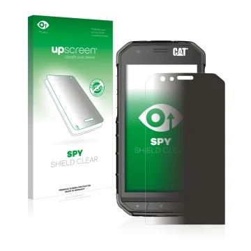 Vorderseite einer Produktverpackung mit dem Markenlogo upscreen. Daneben ist das Gerät Caterpillar Cat S31 mit dem zugehörigen
