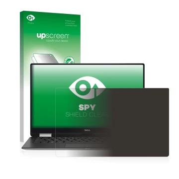 Vorderseite einer Produktverpackung mit dem Markenlogo upscreen. Daneben ist das Gerät Dell XPS 13 9365 2-in-1 mit dem zugehör