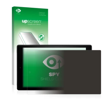 Vorderseite einer Produktverpackung mit dem Markenlogo upscreen. Daneben ist das Gerät Amazon Fire HD 10 2017 (7. Gen.) mit de