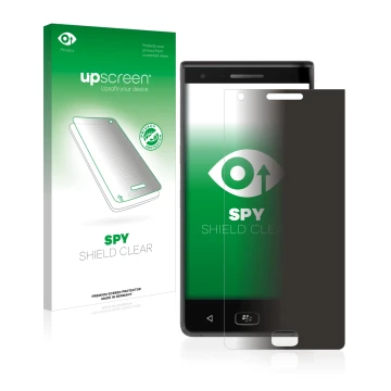 Vorderseite einer Produktverpackung mit dem Markenlogo upscreen. Daneben ist das Gerät BlackBerry Motion 2017 mit dem zugehöri