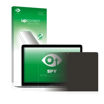 Vorderseite einer Produktverpackung mit dem Markenlogo upscreen. Daneben ist das Gerät Apple MacBook Retina 12